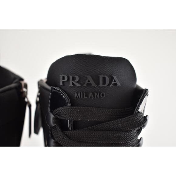 Prada 55MM Logo Lug Sole Platform Black Re-Nylon Leather Ankle Heel Boot 37.5 - Picture 8 of 15